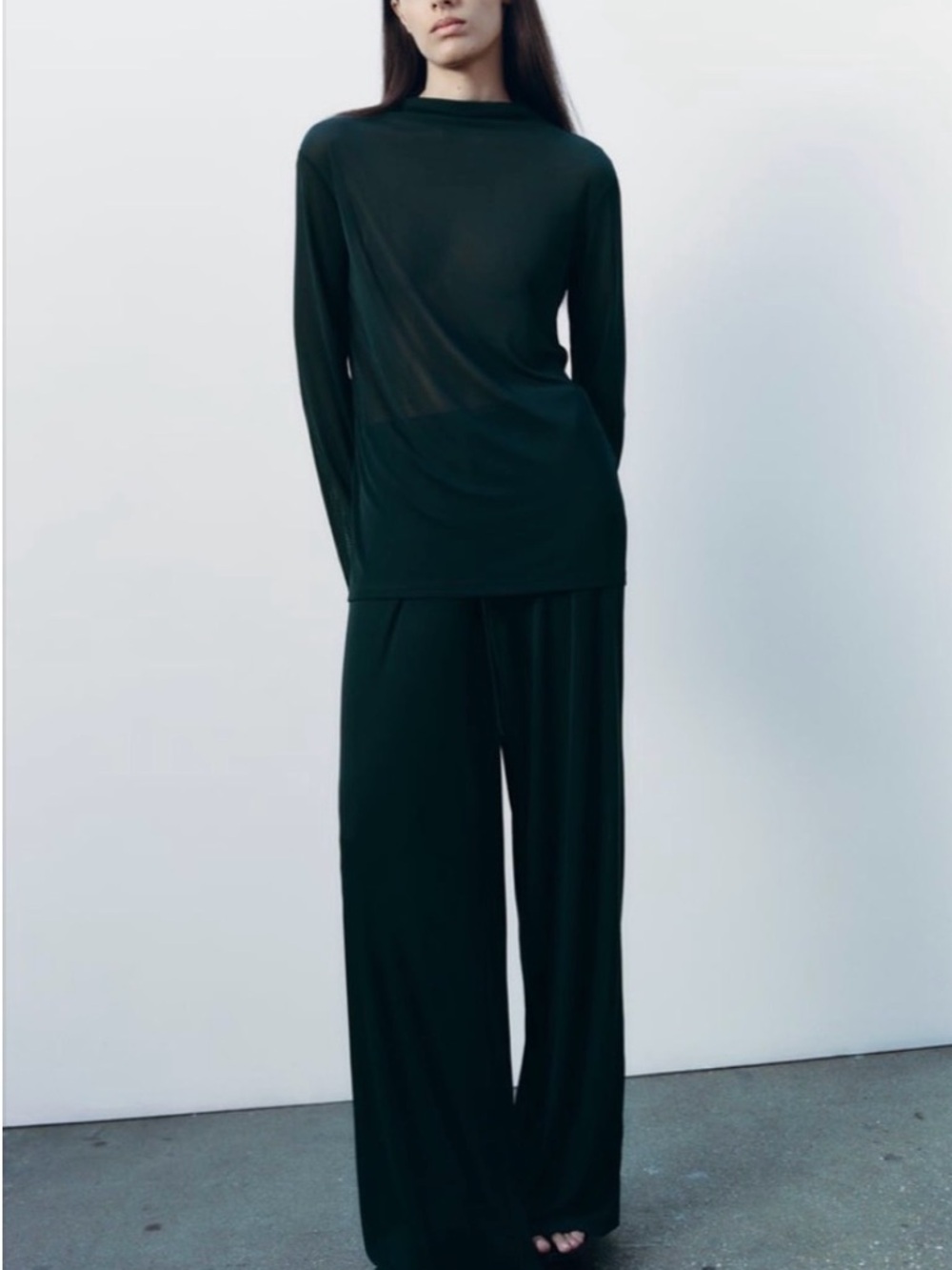 ZARA 2-Piece Set Dark Green Sheer Top Wide Leg Pants L